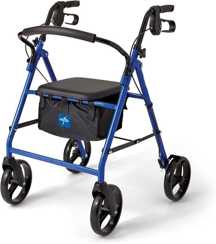 Photo 1 of ]Steel Rollator Walker for Adult Mobility Impairment, Blue, 350 lb. Weight Capacity, 8” Wheels, Foldable, Adjustable Handles, Rolling Walker for Seniors