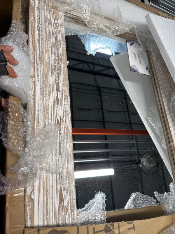 Photo 1 of AAZZKANG Wood Mirror with Frame Rustic Wall Mirror Rectangle Decorative Farmhouse Bedroom Bathroom Hanging Mirror Home Wall Decor 16x12 Inch A-rustic White