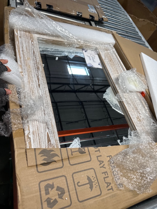 Photo 1 of AAZZKANG Wood Mirror with Frame Rustic Wall Mirror Rectangle Decorative Farmhouse Bedroom Bathroom Hanging Mirror Home Wall Decor 16x12 Inch A-rustic White