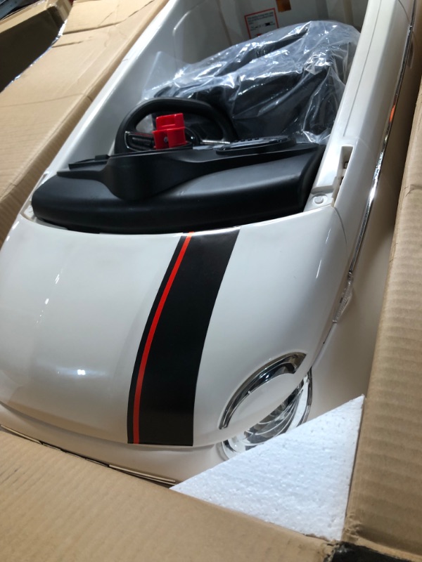 Photo 5 of ***USED - LIKELY MISSING PARTS - UNABLE TO VERIFY FUNCTIONALITY***
BEST RIDE ON CARS Fiat 500 12v DuoDrive KidPro Ride-On Car in White with Dual-Drive Mode, Manual and Remote Control Mode, Charging Protection, White