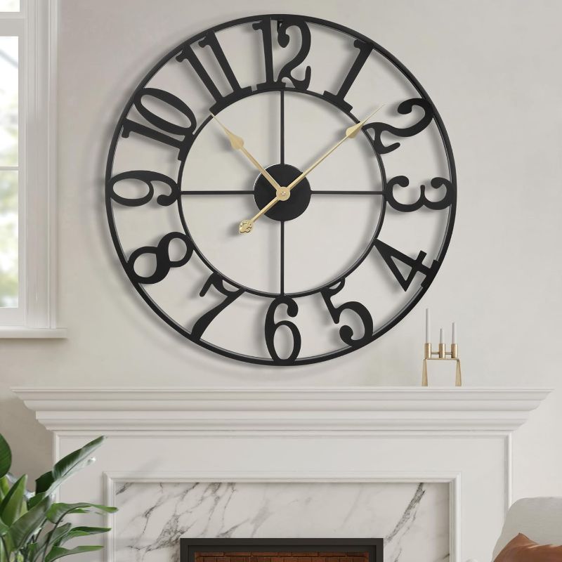 Photo 1 of LEIKE Large Wall Clock - 18 Inch Retro Farmhouse Silent Non-Ticking Battery Operated Indoor Outdoor Oversized Decorative Black Metal Wall Clocks for Living Room, Dinner Room, Office Decor 47cm Black Arabic