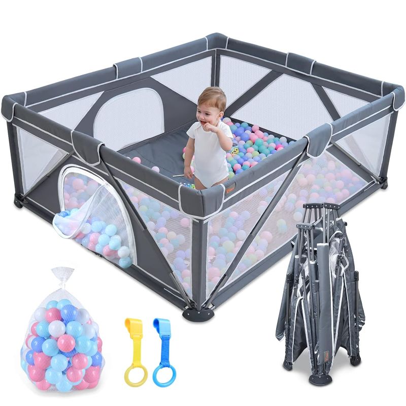 Photo 1 of *SEE NOTES* Foldable Baby Playpen, Yobear Large Playpen for Babies and Toddlers with 50 PCS Ocean Balls & 2 Handles, Indoor & Outdoor Kids Safety Play Pen Area, Portable Travel Play Yard (79" × 71", Grey) 79" × 71" Grey