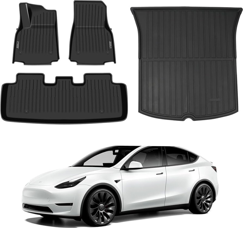 Photo 1 of Pedigree 3D TPE Material Model Y Floor Mats Set Tesla Full Cover All Weather Rear Trunk Liners Custom Fit Heavy Duty Rubber Odorless Model Y Accessories 2021 2022 2023 2024(Floor+Storage+Cargo Mat)
