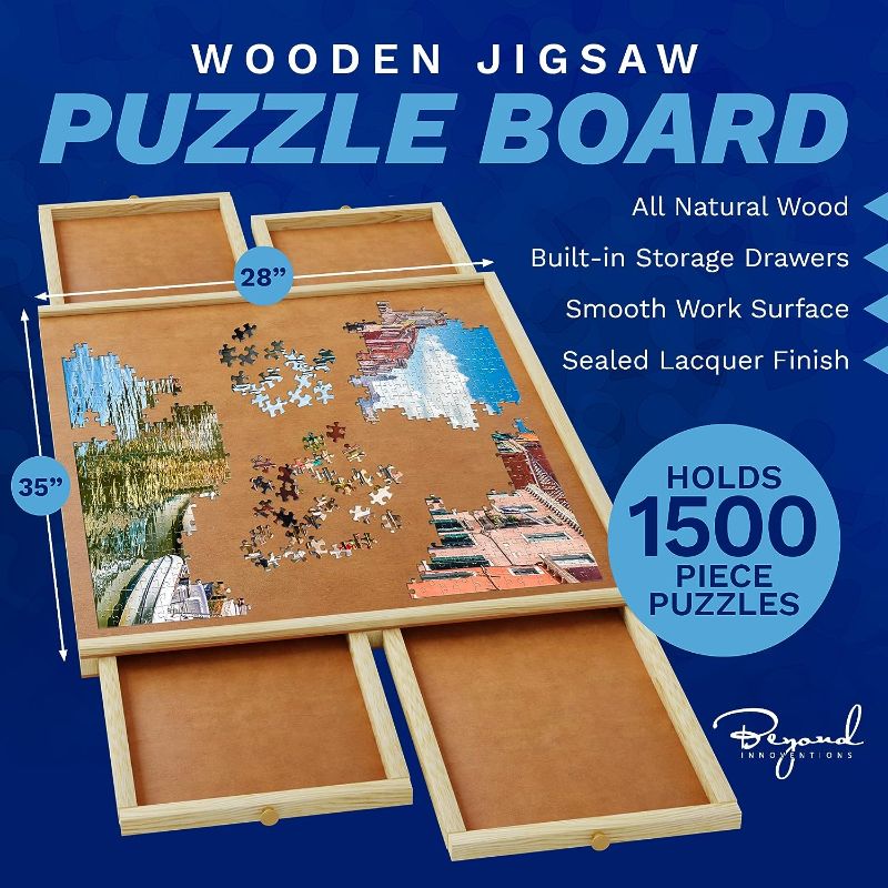 Photo 1 of 1500 Piece Wooden Jigsaw Puzzle Table - 4 Drawers, Rotating Puzzle Board | 35” X 28” Jigsaw Puzzle Board | Puzzle Cover Included - Portable Puzzle Tables for Adults and Kids by Beyond Innoventions