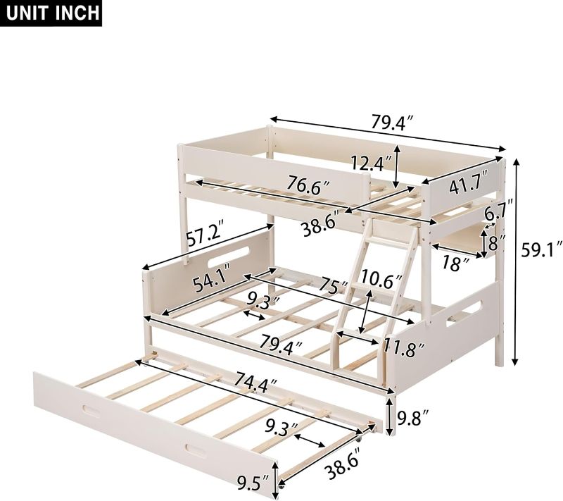 Photo 6 of (NON-REFUNDABLE) BIADNBZ Twin Over Full Bunk Bed with Trundle and Shelves, Can Be Separated into Three Separate Platform-Beds for Teens/Adults, Space-Saving Design, White