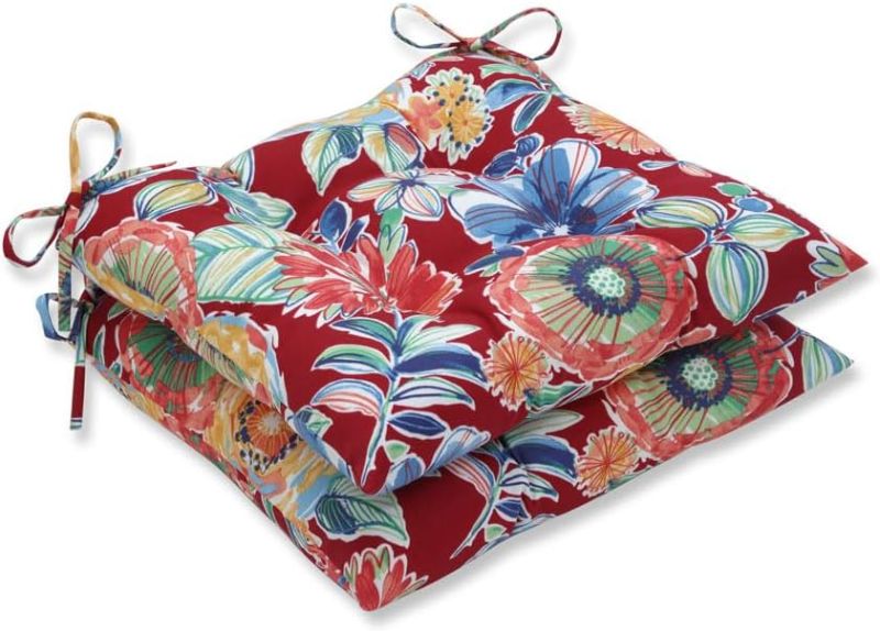 Photo 1 of (READ FULL POST) Pillow Perfect Bright Floral Indoor/Outdoor Chair Seat Cushion with Ties, Tufted, Weather, and Fade Resistant, 18.5" x 19", Red/Blue Colsen,