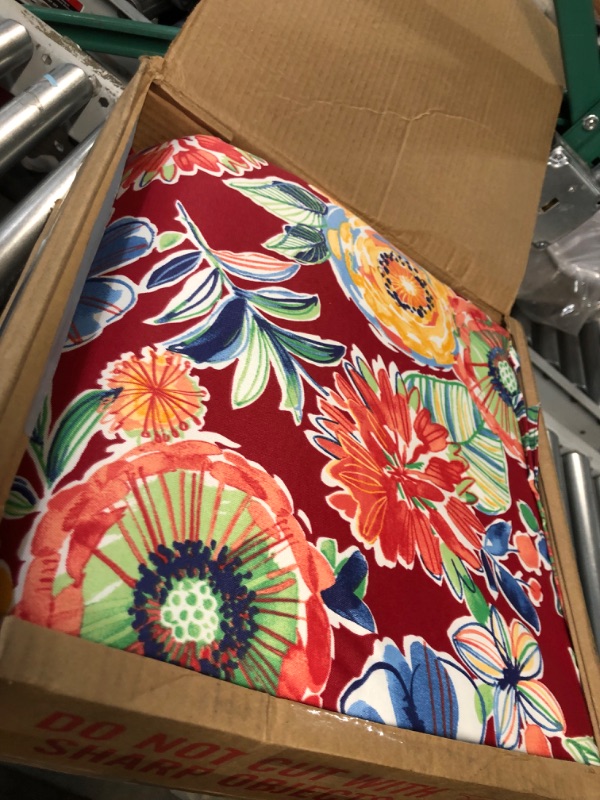 Photo 2 of (READ FULL POST) Pillow Perfect Bright Floral Indoor/Outdoor Chair Seat Cushion with Ties, Tufted, Weather, and Fade Resistant, 18.5" x 19", Red/Blue Colsen,