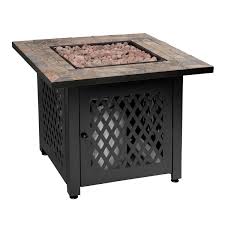 Photo 1 of (used)(see all images) 30 in. W Steel Frame Slate Tile Mantel LP Gas Fire Pit with Electronic Ignition and Lava Rock