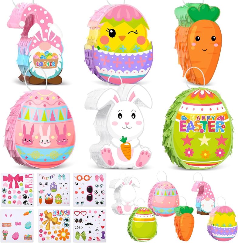 Photo 1 of 6 Set DIY Easter Mini Pinata Bulk with Stickers Easter Egg Bunny Gnome Carrot Party Pinata Table Decoration for Easter Basket Stuffers Birthday Baby Shower Party Supplies, 4.3 x 5.9 Inch