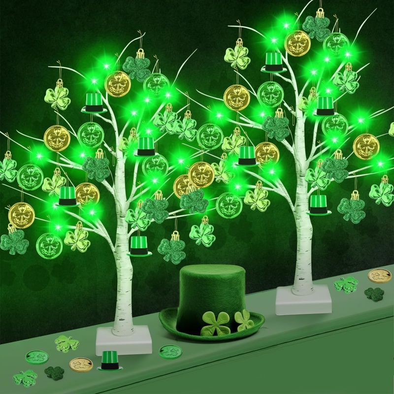 Photo 1 of  1 Pack 24" St.Patrick's Day LED Lighted Birch Tree, 48 PCs Gold Coins Shamrock Ornament and Shamrock Ornaments with Table Decorations Good Luck Clover for Home Irish Party Supplies