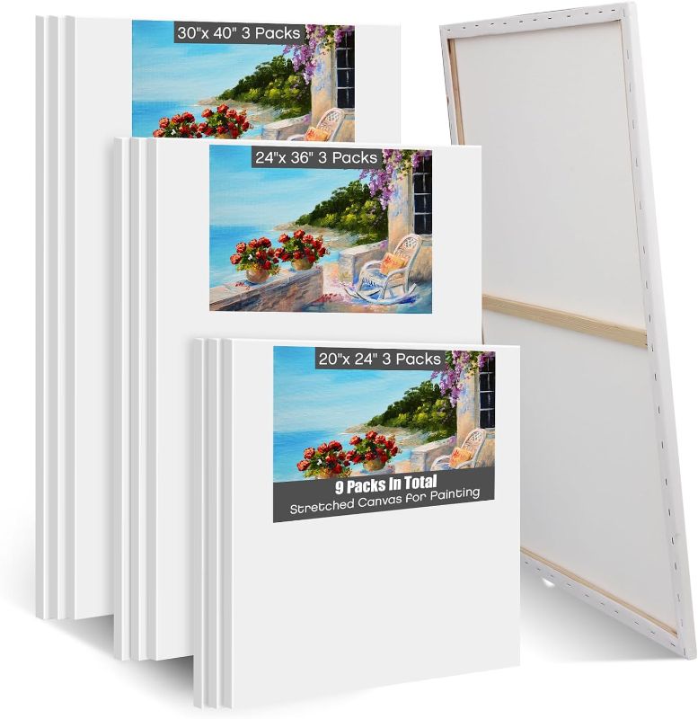 Photo 1 of 9 Pack Large Stretched Canvas for Painting 30 x 40, 24 x 36, 20 x 24 Blank