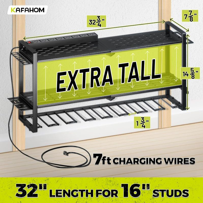 Photo 1 of (NON-REFUNDABLE) Power Tool Organizer with Charging Station. 8 Drill Holder 3 Layers Tool Storage Shelf Wall Mount Built in 8 Outlet Power Strip.Tool Battery Holder with Screwdriver/Hammer/Air Tool Rack.
