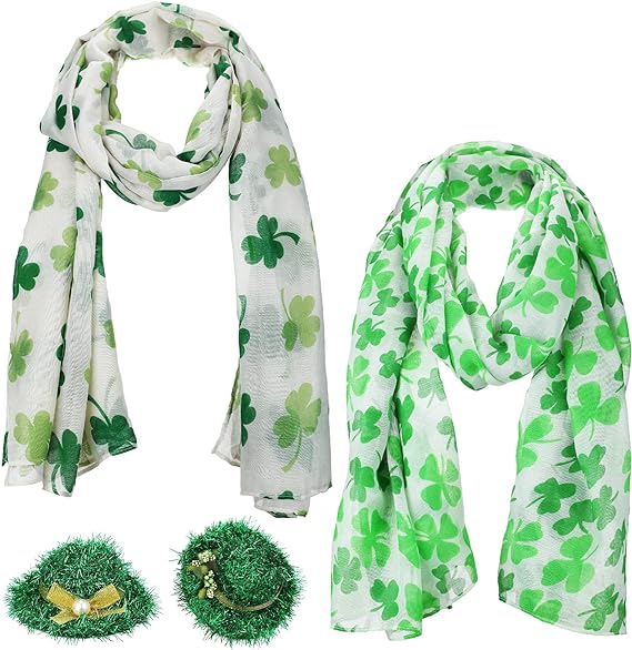 Photo 1 of 4 Pcs St. Patrick's Day Scarf Set Irish Green Hat Hair Clip Clover Shamrock Scarf for Women Accessories