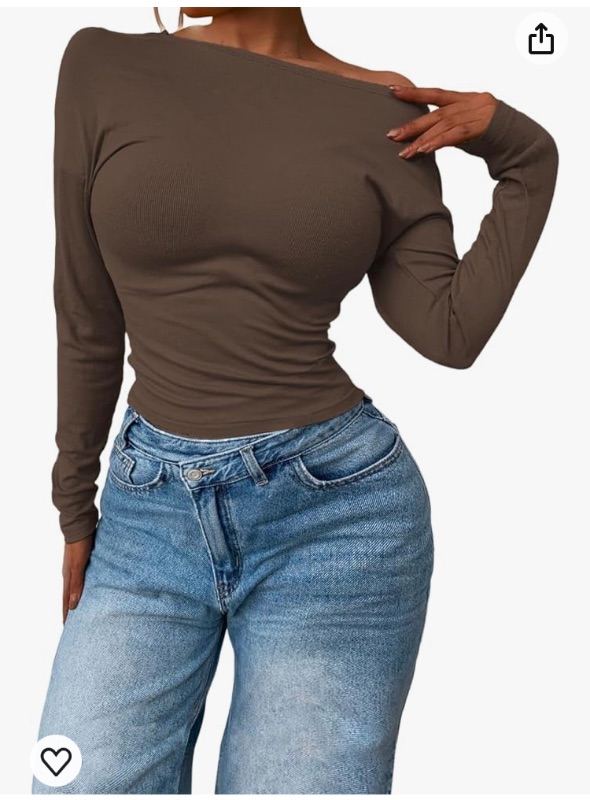 Photo 1 of Women's Casual Crop Top Long Sleeve Boat Neck Off Shoulder Slim Fit Tight Shirts XL Brown