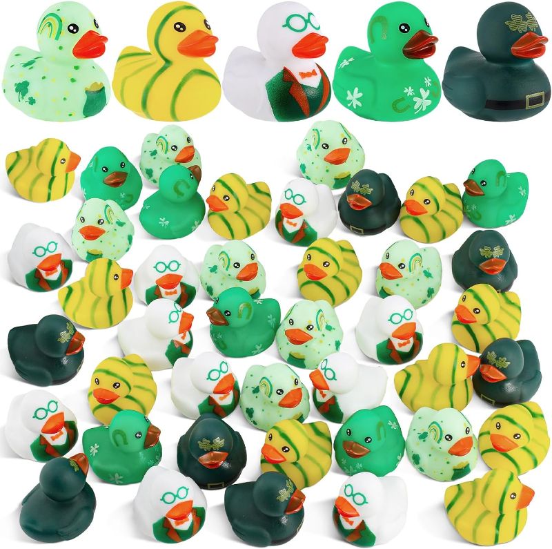 Photo 1 of 48 Pcs St Patricks Day Rubber Ducks 2'' Mini Shamrock Rubber Cute Irish Festival Gifts Class Irish Festival Grass Clover Card for Party Favor Goodies Bag Fillers Birthday School Prizes