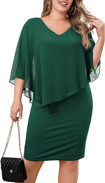 Photo 1 of FOLUNSI Women's Plus Size V Neck Bodycon Pencil Dresses Chiffon Cape Midi Dress 3XL Green