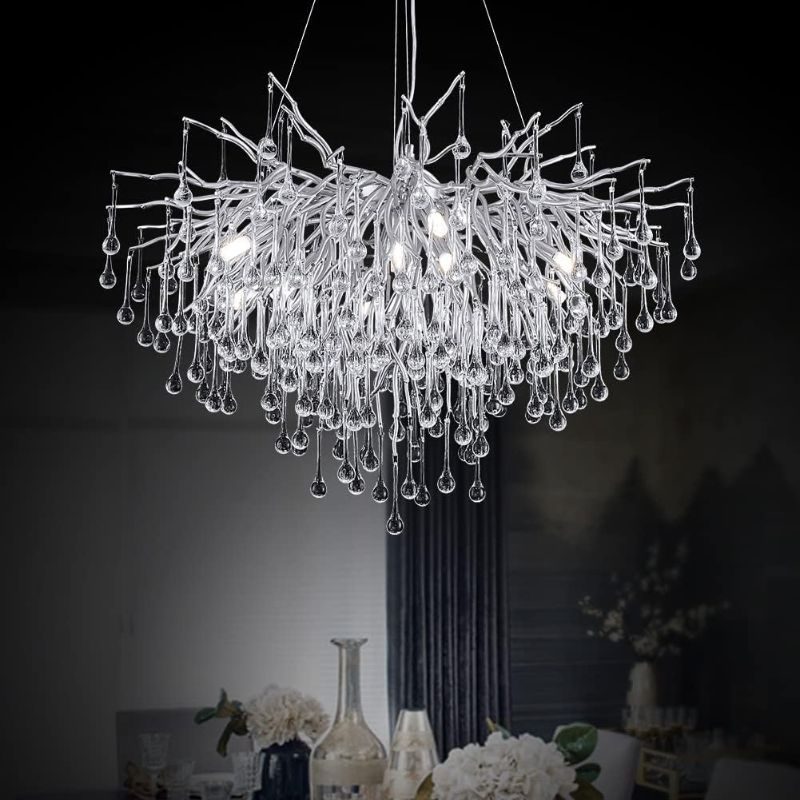 Photo 1 of  LIZZTREE D31.5 inch Silver Raindrop Crystal Chandelier Lighting, Luxury Ceiling Pendant Light Fixture for Living Room, Foyer,Decoration Over Dining Table