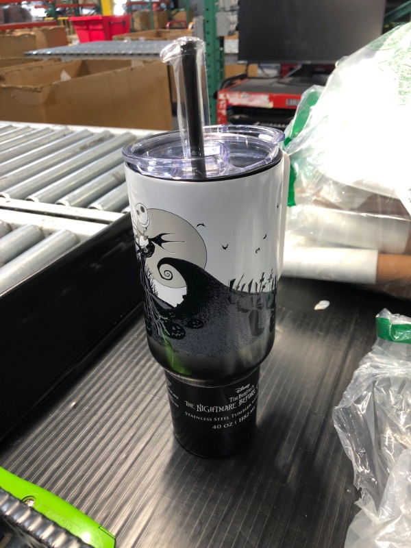 Photo 2 of (DAMAGED PARTS)
 Silver Buffalo Disney Nightmare Before Christmas by Tim Burton Jack Skellington Hill and Moon Stainless Steel Tumbler with Handle and Straw, Fits in Standard Cup Holder, 40 Ounces