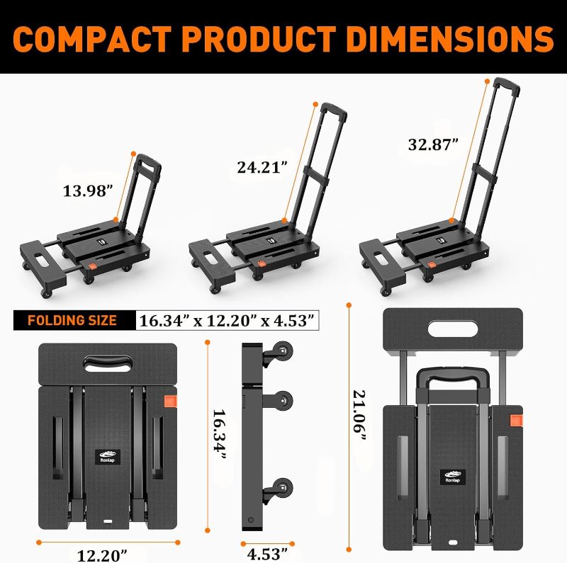 Photo 1 of (READ FUL L POST) Ronlap Folding Hand Truck, Foldable Dolly Cart for Moving 500lbs Heavy Duty Luggage Cart Portable Platform Cart Collapsible Dolly with 6 Wheels & 2 Ropes for Travel House Office Moving, Black
