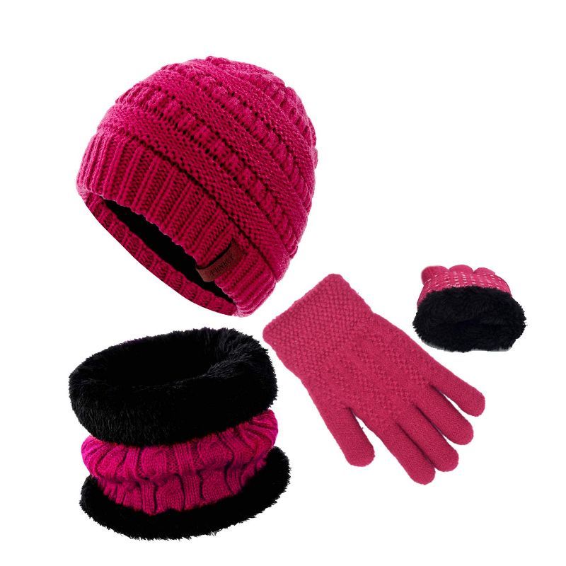 Photo 1 of 3Pcs Kids Winter Beanie Hat Scarf Gloves Set for 2-6-10-14 Years Old Boys Girls, Knit Thick Warm Fleece Lined Thermal Sets 6-10 Rose Red 6-10 years old