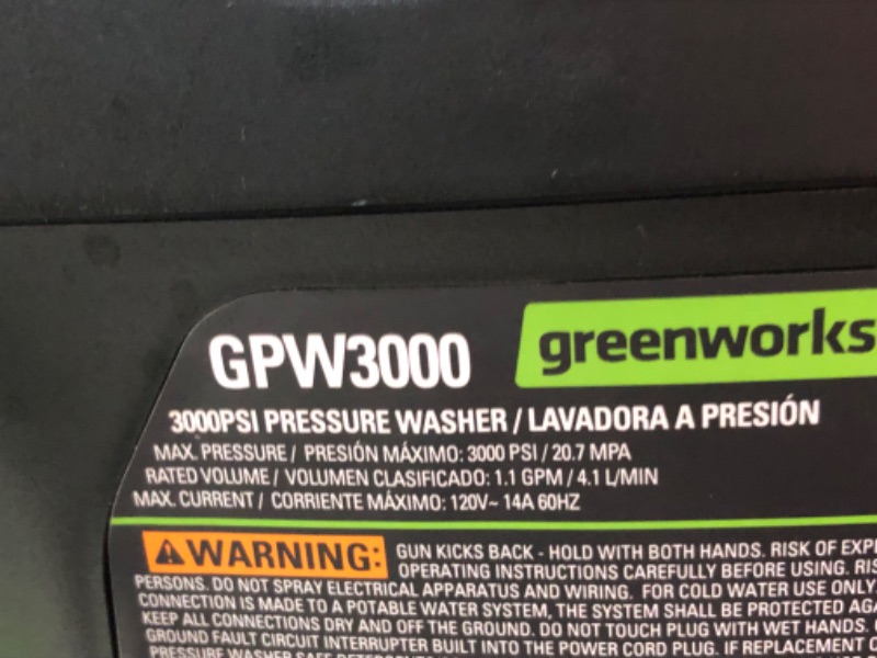 Photo 5 of ***USED - MISSING NUMEROUS PARTS - SEE PICTURES - UNABLE TO TEST***
Greenworks Pro 3000 PSI 2-GPMs Cold Water Electric Pressure Washer with 5 Spray Tips