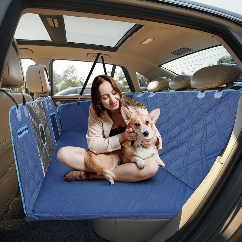 Photo 1 of Roilpet Back Seat Extender for Dogs, Waterproof Dog Seat Cover with Hard Bottom for Backseat, Pet Car Camping Bed with Mesh Window, Non-Slip Dog Hammock for Car Truck SUV, Navy (Blue)