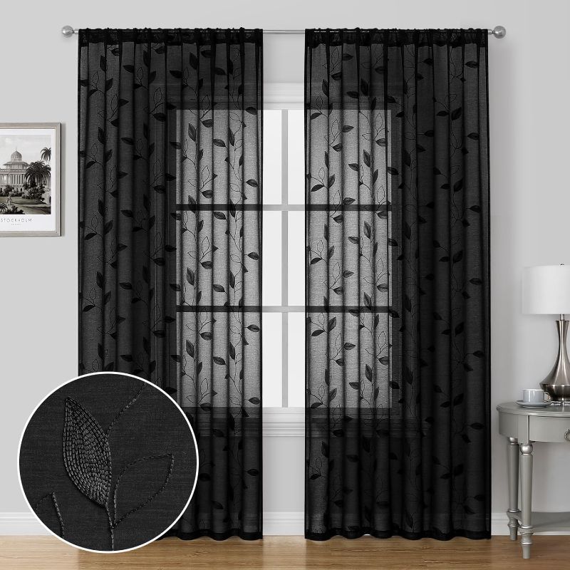 Photo 1 of (READ FULL POST) HOMEIDEAS Black Sheer Curtains 52 X 63 Inches Length 2 Panels Black Embroidered Leaf Pattern Pocket Faux Linen Floral Semi Sheer Voile Window Curtains/Drapes for Bedroom Living Room
