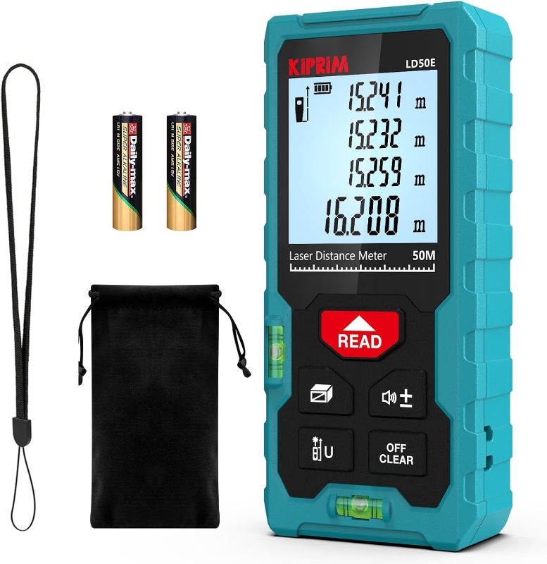 Photo 1 of Kiprim Laser Distance Measure High Accuracy 165ft LD50E Laser Tape Measure 50M Compact Laser Measurement Tool with Larger Backlit LCD Display,ft/m/in Switching,Bubble Level
