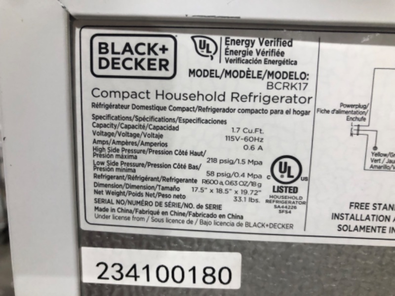 Photo 6 of ***NOT REFUNDABLE - NOT FUNCTIONAL - FOR PARTS ONLY - SEE COMMENTS***
BLACK+DECKER BCRK17W Compact Refrigerator Energy Star Single Door Mini Fridge with Freezer, 1.7 Cubic Ft., White White Mini Fridge