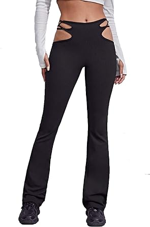 Photo 1 of Verdusa Women's Mid Waist Cut Out Laddering Stretch Comfy Flare Leg Night Out Pants Black A S