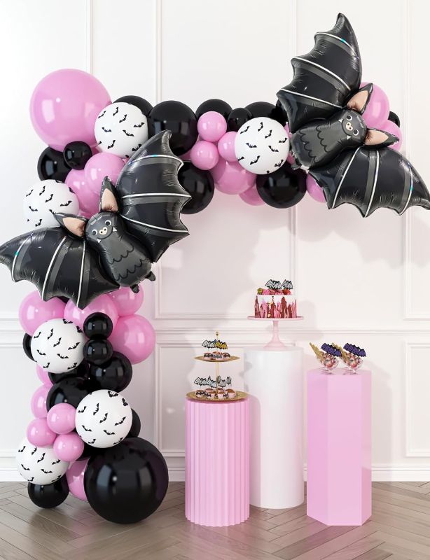 Photo 1 of *STOCK PIC FOR REFERENCE* 173 Pcs Halloween Balloons Garland Arch Kit Pink Halloween Decorations with Bat Pumpkin Ghost BOO Foil Balloon Spider Web Halloween Decorations Indoor Outdoor Party Decor