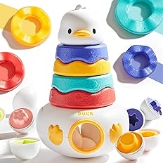 Photo 1 of 3-in-1 Baby Toys 12-18 Months, Stacking Ring Toys for Toddlers 1-3, 6 Pcs Eggs Toy Matching Game Shape Sorter, Roly-Poly Sensory Toys Montessori Early Learning Gifts for Girls Boys
