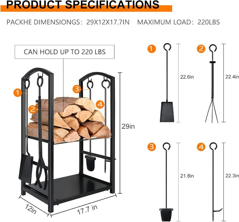 Photo 4 of (READ FULL POST) Mr IRONSTONE Firewood Rack with Fireplace Tools set, Fireplace Tool Rack for Indoor Outdoor Fire Log Holder Wrought Iron Large Wood Stove with Firepit Tools, Brush, Shovel, Poker, Tongs, Black