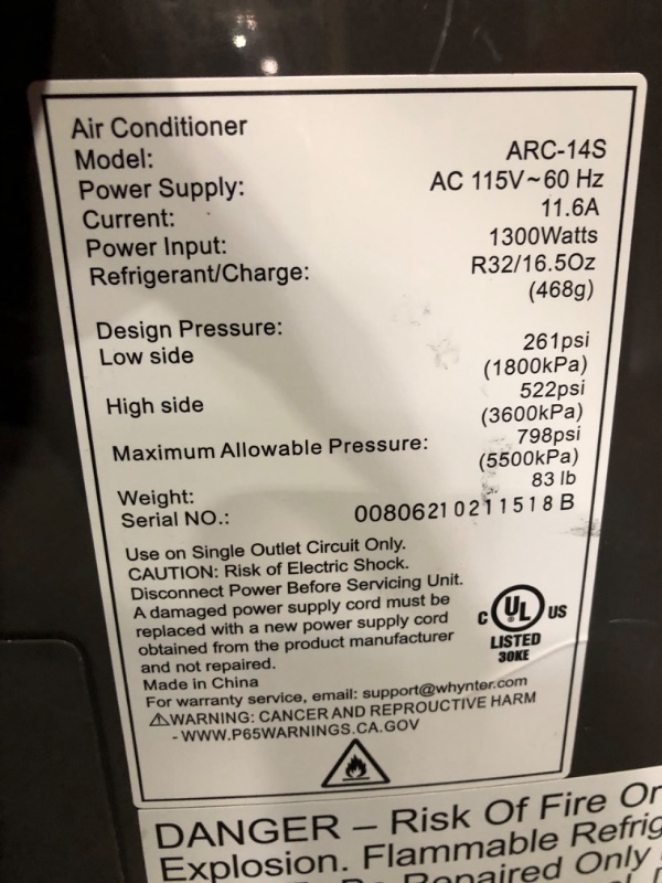 Photo 6 of ***NONREFUNDABLE - NOT FUNCTIONAL - FOR PARTS ONLY - SEE COMMENTS***
Whynter ARC-14S 14,000 BTU Dual Hose Portable Air Conditioner with Dehumidifier