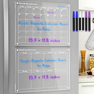 Photo 1 of Hoomtree Acrylic Magnetic Calendar for Fridge,15.8"x11" Clear Magnetic Dry Erase Board Calendar for Refridgerator,2PCS Monthly Weekly Acrylic Magnetic Whiteboard for Fridge,Include 8 Markers,Blue Set