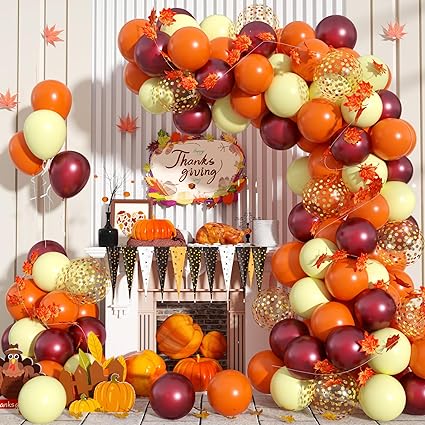 Photo 1 of (SIMILAR TO STOCK PHOTO) 
Fall Balloon Arch Kit, Fall Birthday Party Decorations, Orange Burgundy Yellow Gold Confetti Balloons Garland Kit with 6.5 Ft Maple Leaves for Home 