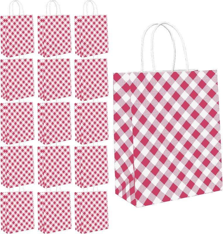 Photo 1 of (2 PACK) Magenta Gingham Paper Bags, 16 Pieces Fuchsia Plaid Bags Goodie Bags Party Paper Bags with Handles, 10x8x4 Inches
