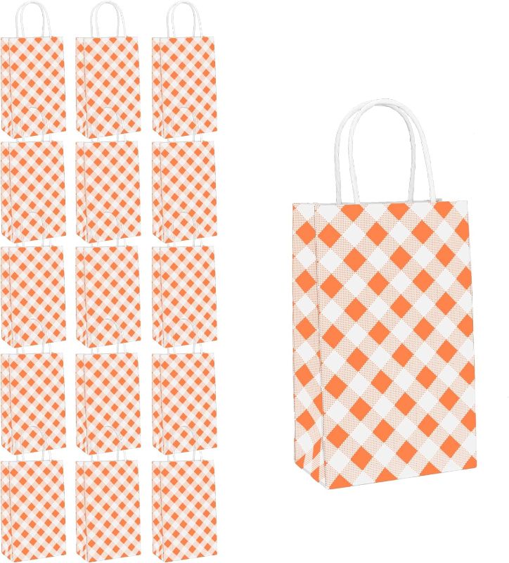 Photo 1 of (2 PACK) Orange Gingham Gift Bags, 16 Pieces Orange Plaid Bags Goodie Bags Party Favor Bags with Handles Multiple Uses, 9x5.5x3.2 Inches

