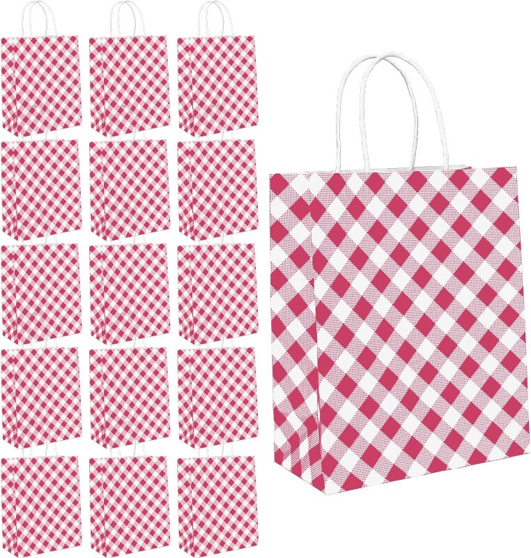 Photo 1 of (2 PACK)
Magenta Gingham Paper Bags, 16 Pieces Fuchsia Plaid Bags Goodie Bags Party Paper Bags with Handles, 10x8x4 Inches
