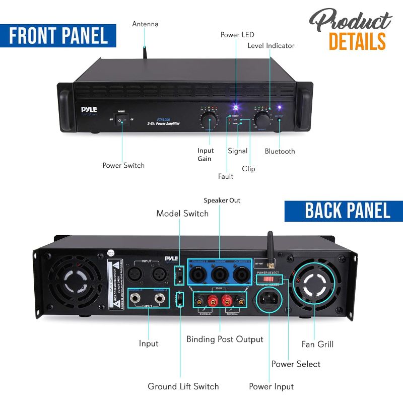 Photo 5 of (READ FULL POST) PyleUsa 2-Channel Bluetooth Power Amplifier - 2000W Bridgeable Rack Mount Pro Audio Sound Wireless Home Stereo Receiver w/TRS XLR Input,LCD, Bridge Mode, Cooling Fan - Entertainment Speaker System