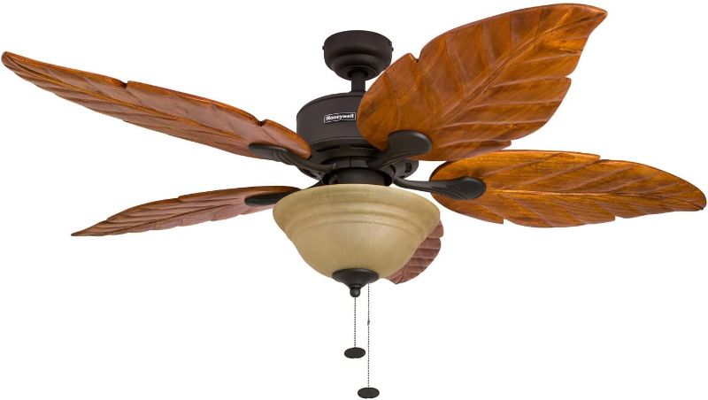 Photo 1 of ***USED - NO PACKAGING - LIKELY MISSING PARTS - UNABLE TO VERIFY FUNCTIONALITY***
Honeywell Ceiling Fans Royal Palm, 52 Inch Tropical LED Ceiling Fan with Light, Pull Chain, Three Mounting Options, Hand Carved Solid Wood Blades - 50204-01 (Bronze)
