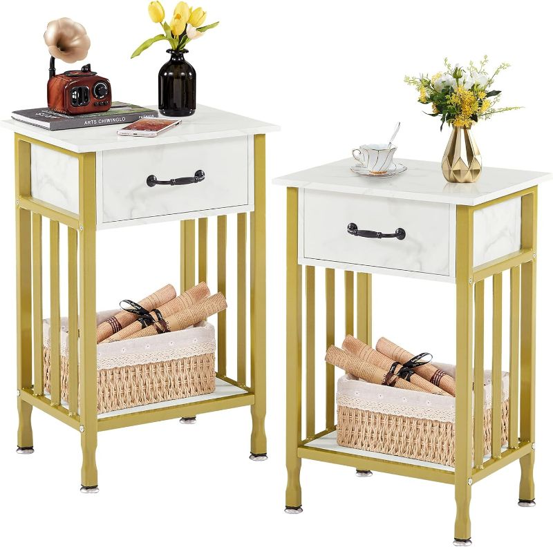 Photo 1 of (NON-REFUNDABLE) VECELO Nightstands Set of 2, Industrial Side/End Tables with Drawer and Storage Shelf, Night Stands for Bedroom, Living Room, Wood Metal Furniture, Easy Assembly, 2 Pack, Gold
