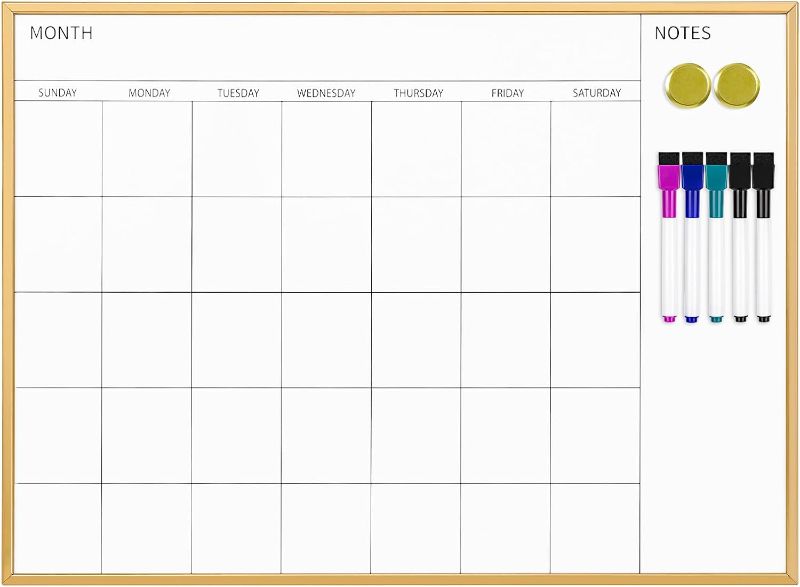 Photo 1 of Magnetic Monthly Calendar Whiteboard, 17'' x 23'' Dry Erase Calendar for Wall Office School Home, Gold Wooden Frame
