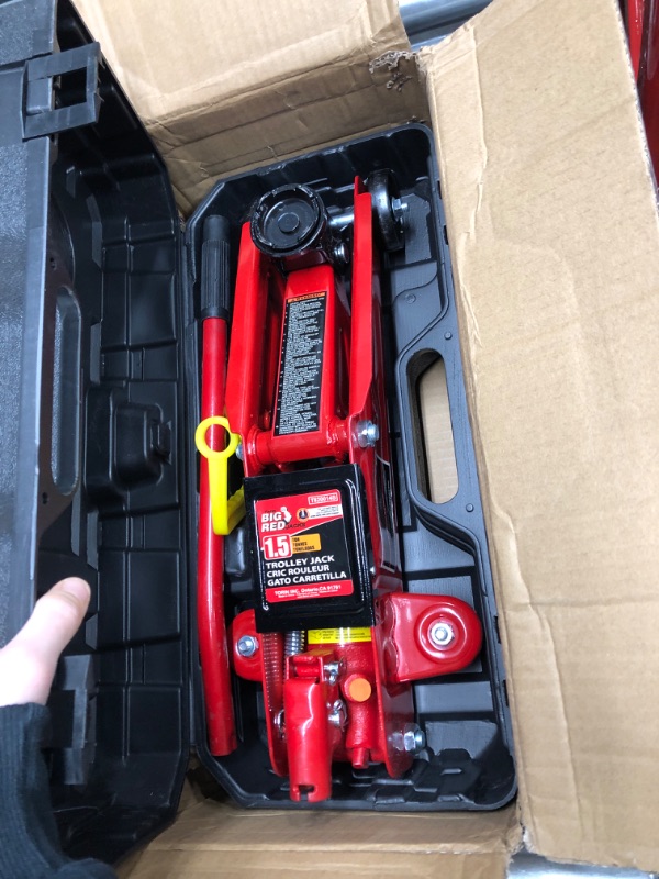 Photo 2 of BIG RED T820014S Torin Hydraulic Trolley Service/Floor Jack with Blow Mold Carrying Storage Case, 1.5 Ton (3,000 lb) Capacity, Red RED 1.5 Ton (3,000 lb)