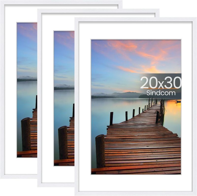 Photo 1 of 25 x 19 Poster Frame 3 Pack, Picture Frames with Detachable Mat Prints, Horizontal and Vertical Hanging Hooks for Wall Mounting, White Photo Frame for Gallery Home Décor