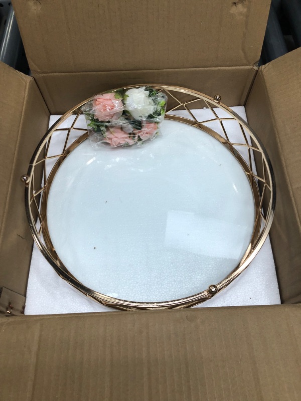 Photo 2 of 14" Round Metal Geometric Cake Stand Gold Wedding Cake Stand Glossy Metallic Cake Riser with Glass Top and 2 Artificial Birthday Cake Flower Arrangement Rose Flower Cake Topper Wedding Party Events