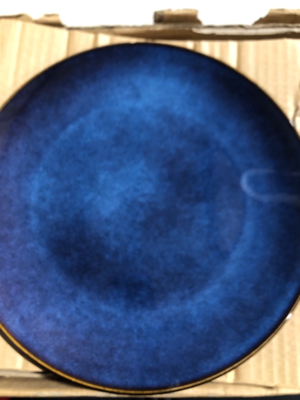 Photo 4 of **MINOR DAMAGE CHIP IN ONE PLATE**
Gibson Elite Matisse 16 Piece Double Bowl Dinnerware Set, Cobalt Blue ,Black Service for 4 