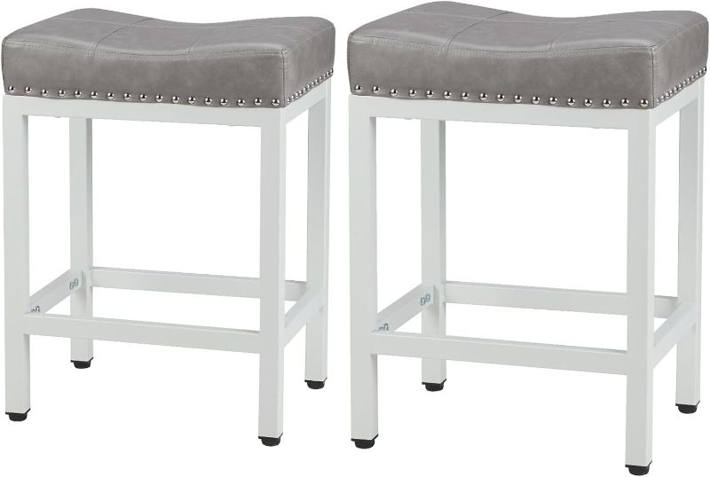 Photo 1 of ***SEE NOTE*** KATDANS Bar Stools Set of 2, Counter Height Stools 24 Inch Saddle Stools, PU Leather Modern Kitchen Barstools with Metal Base, KS861P-LightGray, 2Pcs