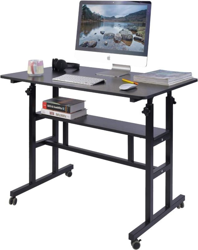 Photo 1 of AIZ Mobile Standing Desk, Adjustable Computer Desk Rolling Laptop Cart on Wheels Home Office Computer Workstation, Portable Laptop Stand Tall Table for Standing or Sitting, Black, 39.4" x 23.6"
