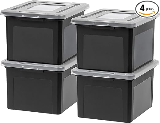 Photo 1 of IRIS USA Letter/Legal File Tote Box, 4 Pack, BPA-Free Plastic Storage Bin Tote Organizer with Durable and Secure Latching Lid, Stackable and Nestable, Black/Clear
